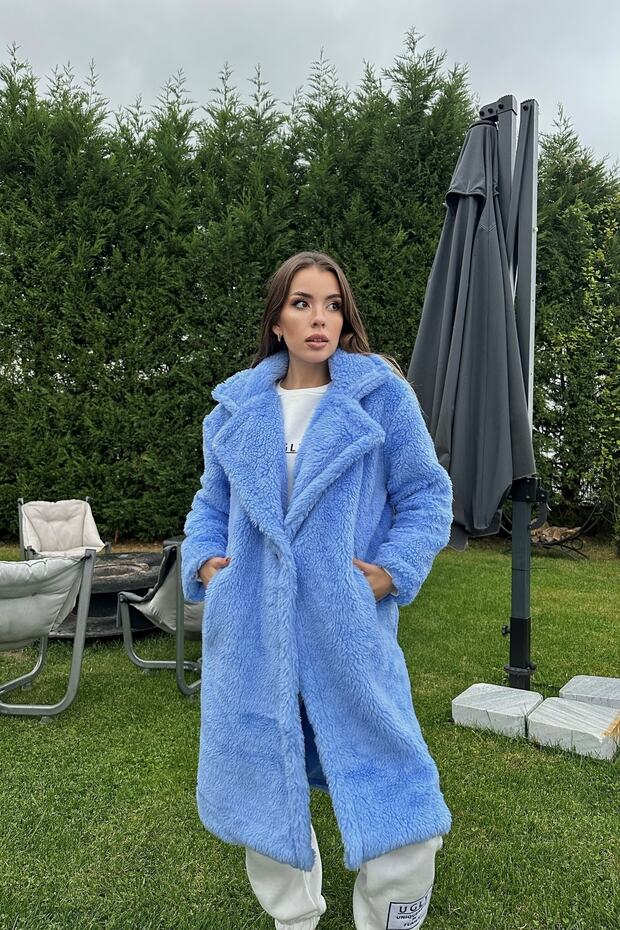 Blauer, langer Teddy-Mantel aus Plüsch mit zwei Knöpfen und Taschen für Damen 0993-2121 - 2