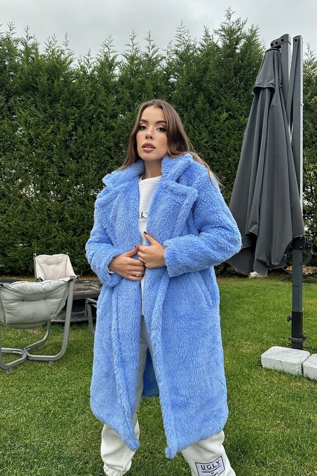 Blauer, langer Teddy-Mantel aus Plüsch mit zwei Knöpfen und Taschen für Damen 0993-2121 - 3