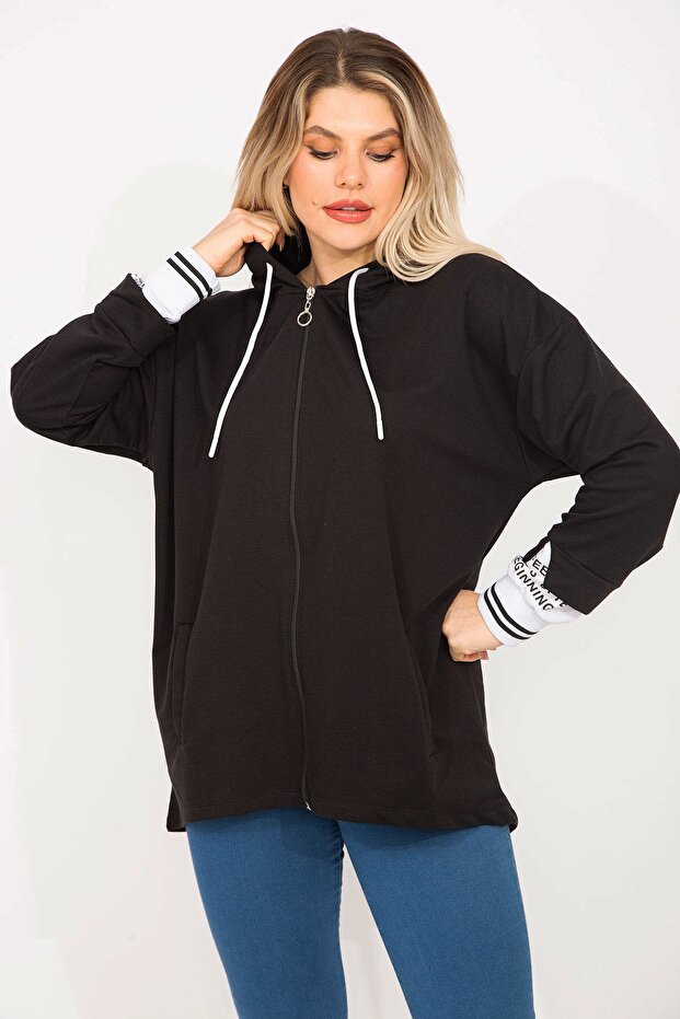 Women's Large Size Black Sleeve Detailed Sweatshirt 65n35307