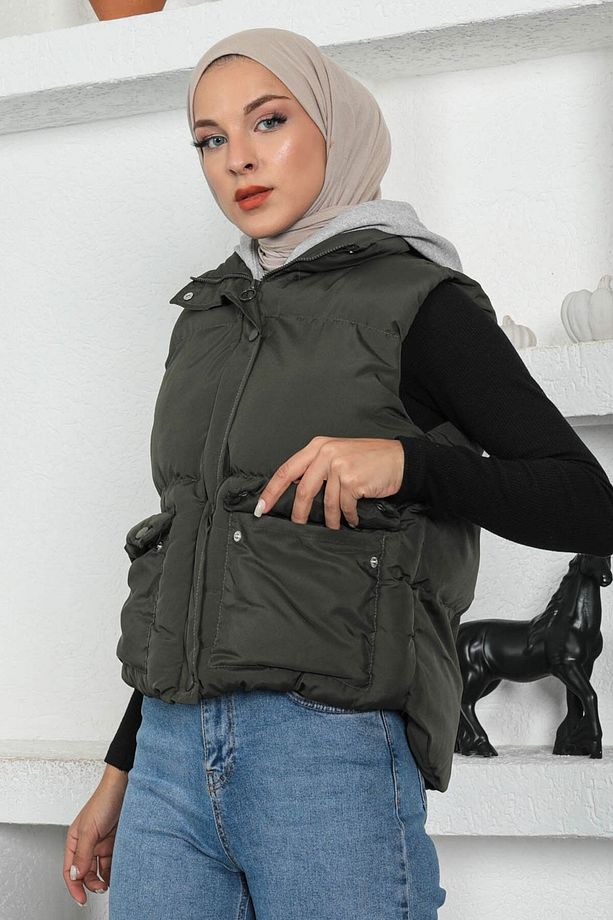 Kapşonlu Şişme Yelek Haki 9471 - 2