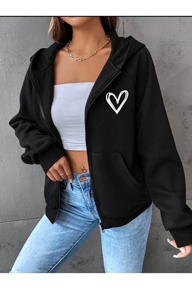 Hooded Zippered Minimal Heart Printed Black Cardigan