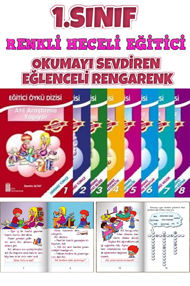 Dik Temel Harflere Göre Renkli Heceli 8'li Hikaye Seti