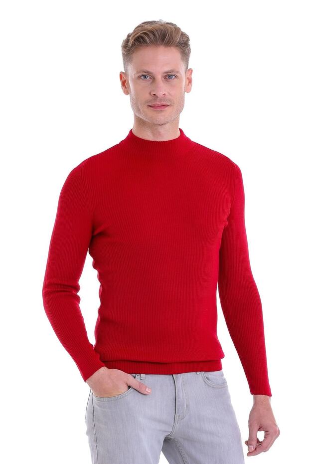 Red Slim Fit Ribbed Half Turtleneck Wool Sweater