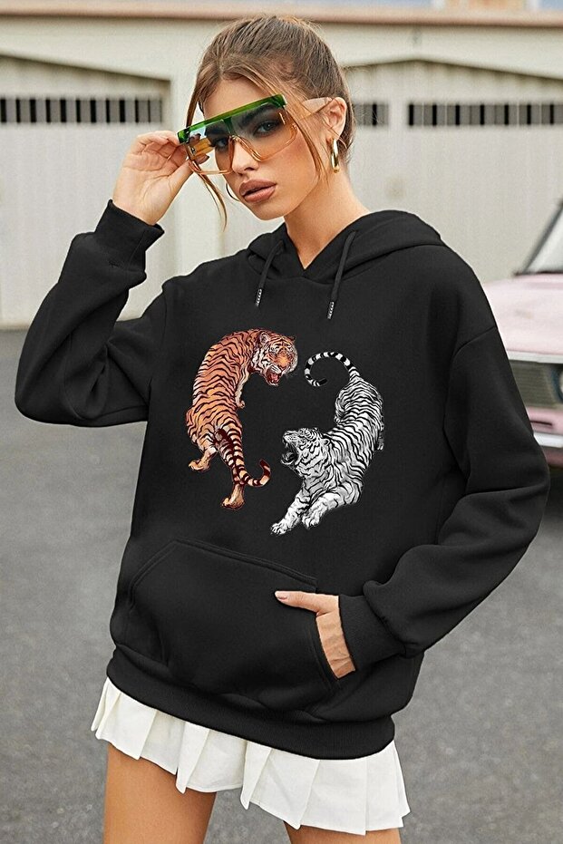 Unisex Black Tiger Printed Hooded Sweatshirt