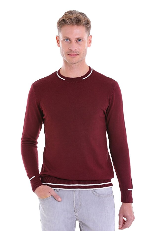 Claret Red Comfort Fit Patterned Crew Neck Woolen Sweater