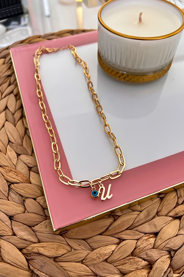 U Letter and Evil Eye Hanging Paper Clip Chain Necklace