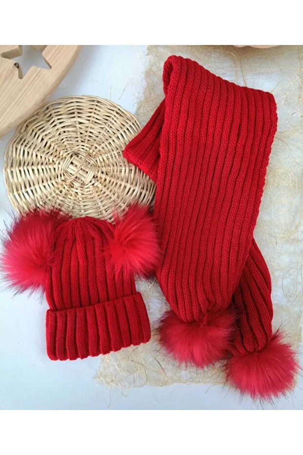 Baby Girl Children's Pompom Winter Scarf Beanie Set Red