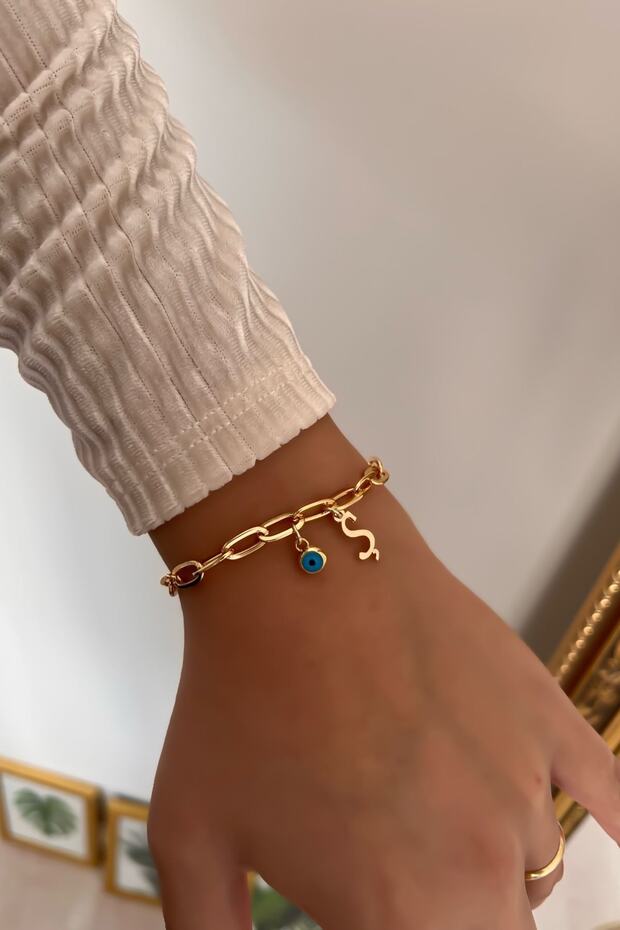 Letter S and Evil Eye Hanging Paper Clip Chain Bracelet