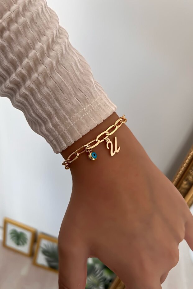 U Letter and Evil Eye Hanging Paper Clip Chain Bracelet