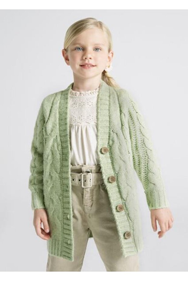 Girl's Green Cardigan Braided