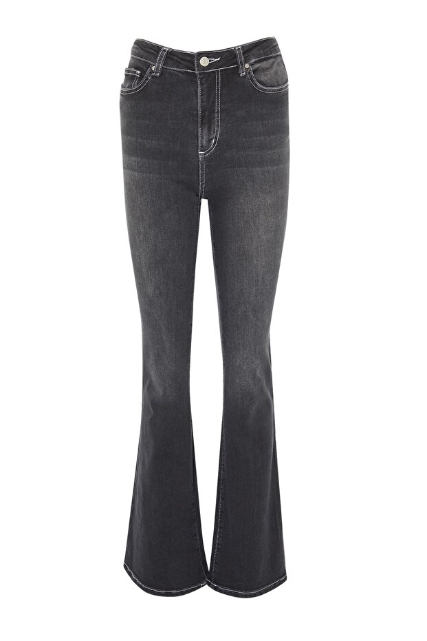 Siyah Kontrast Dikişli Yüksek Bel Orta Esnek Flare İspanyol Jeans TWOSS22JE0460 - 8
