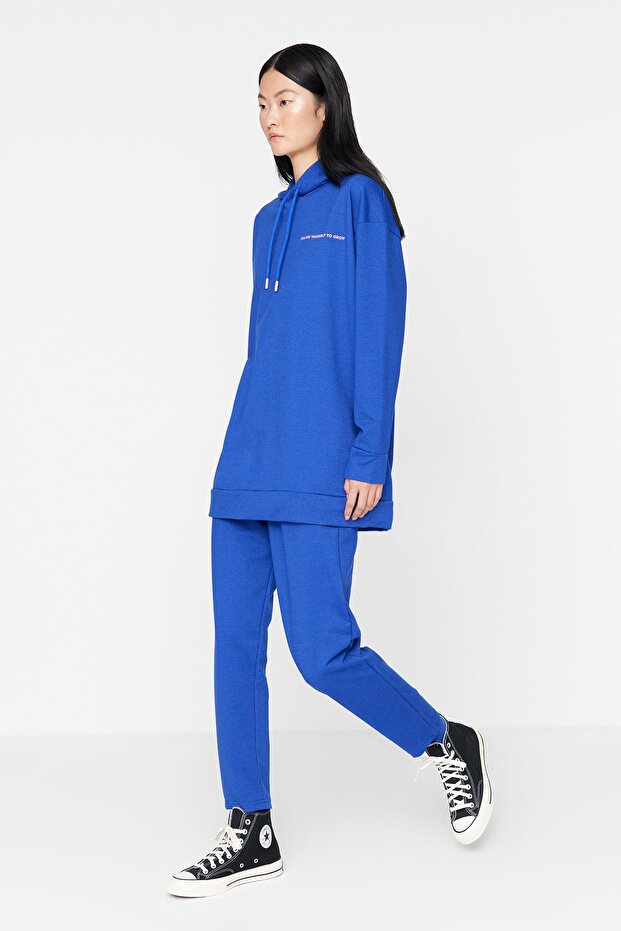 Cobalt Blue Hooded Slogan Printed Knitted Tracksuit Set Tctaw23En00059