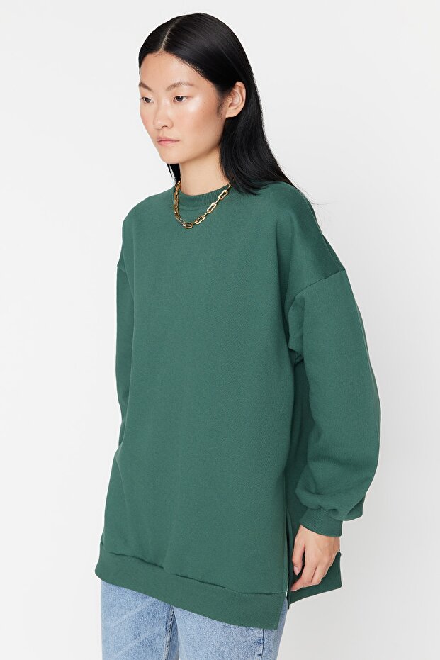 Zielona bluza oversize/z szerokim rozcięciem, szczegółowa, gruba polarowa bluza z dzianiny TWOAW23SW00195 - 2