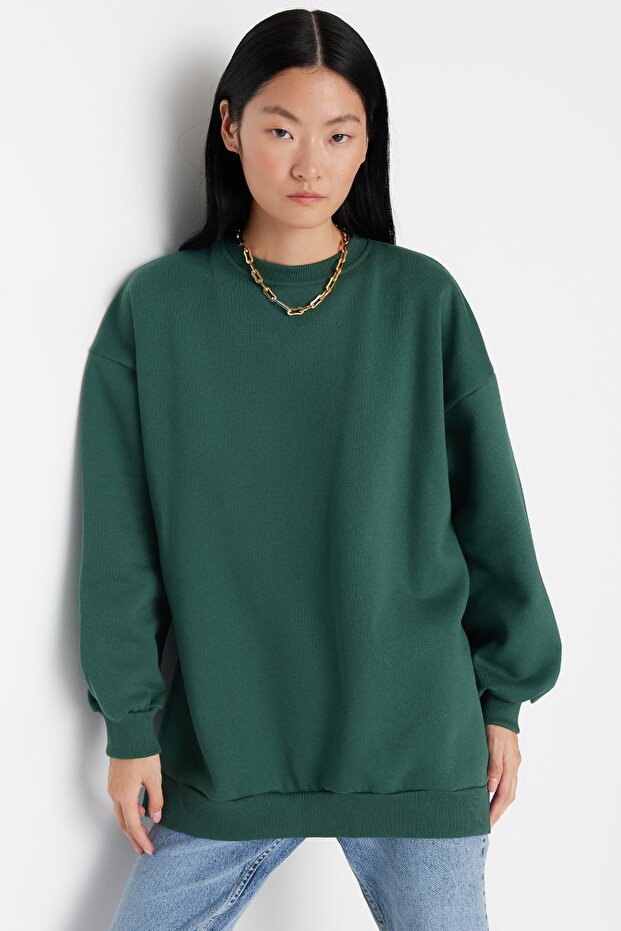 Zielona bluza oversize/z szerokim rozcięciem, szczegółowa, gruba polarowa bluza z dzianiny TWOAW23SW00195 - 3