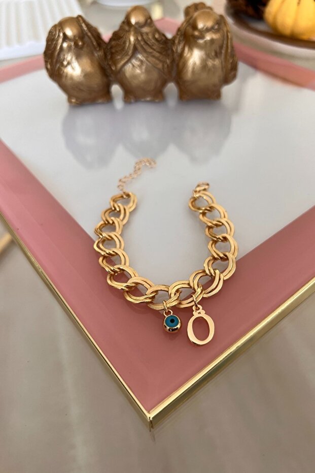 Double Chain Bracelet with Letter Ö and Evil Eye Hanging
