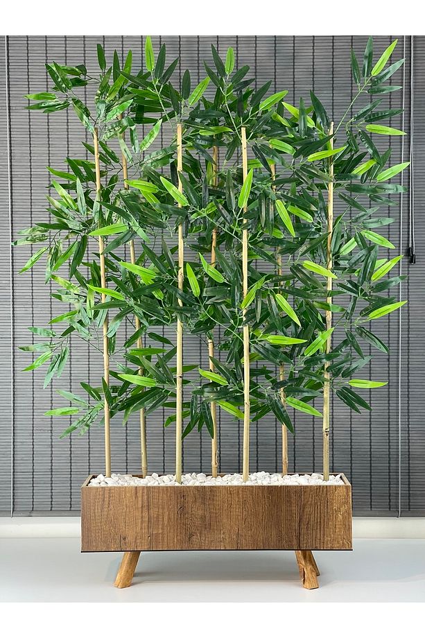 Ahşap Ayaklı 60cm Saksılı 7 Gövde 125cm Dikdörtgen Model Yapay Yapraklı Dekoratif Bambu Seperatör - 1