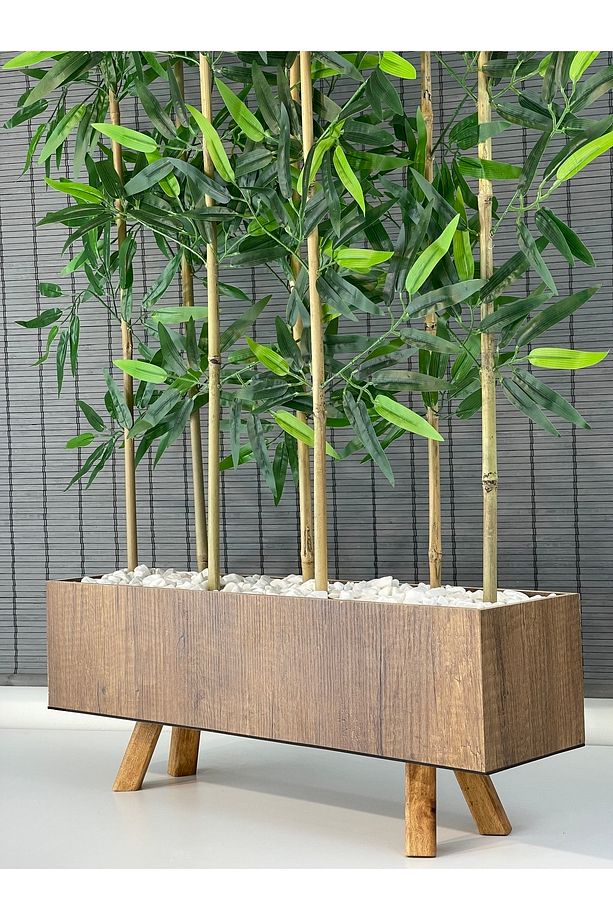 Ahşap Ayaklı 60cm Saksılı 7 Gövde 125cm Dikdörtgen Model Yapay Yapraklı Dekoratif Bambu Seperatör - 4