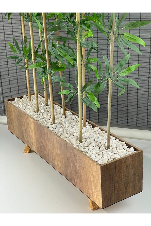 Ahşap Ayaklı 80cm Saksılı 8 Gövde 150cm Dikdörtgen Model Yapay Yapraklı Dekoratif Bambu Seperatör - 6