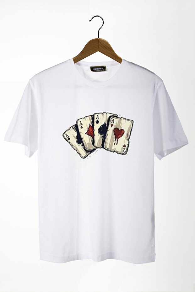 Unisex White Playing Card Printed Crew Neck Oversize Basic Cotton T-shirt