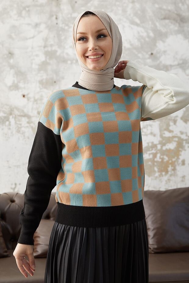 Monsa Square Plaid Pattern Knitwear Sweater - Mint / Camel