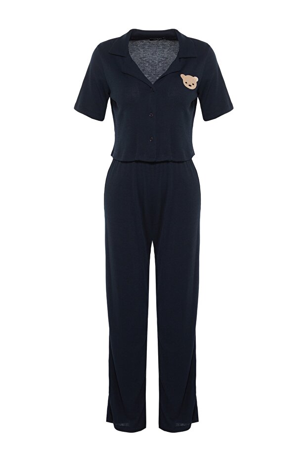 Lacivert Ayıcık Nakışlı Fitilli Örme Pijama Takımı THMSS21PT0168 - 8