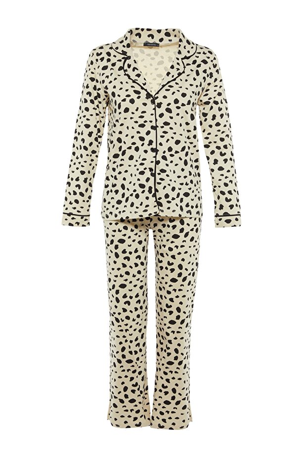 Bej %100 Pamuklu Leopar Desenli Gömlek-Pantolon Örme Pijama Takımı THMAW21PT0489 - 9