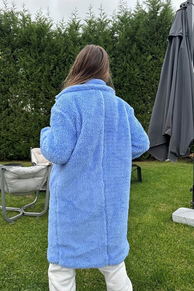 Blauer, langer Teddy-Mantel aus Plüsch mit zwei Knöpfen und Taschen für Damen 0993-2121 - 5