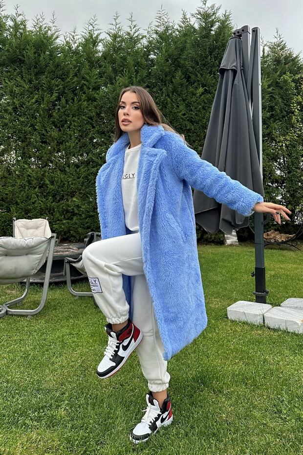 Blauer, langer Teddy-Mantel aus Plüsch mit zwei Knöpfen und Taschen für Damen 0993-2121 - 7