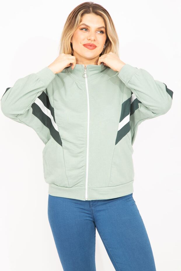 Women's Large Size Green 2 Thread Fabric Sweatshirt with Front Zipper and Stripe Detail 65n35299