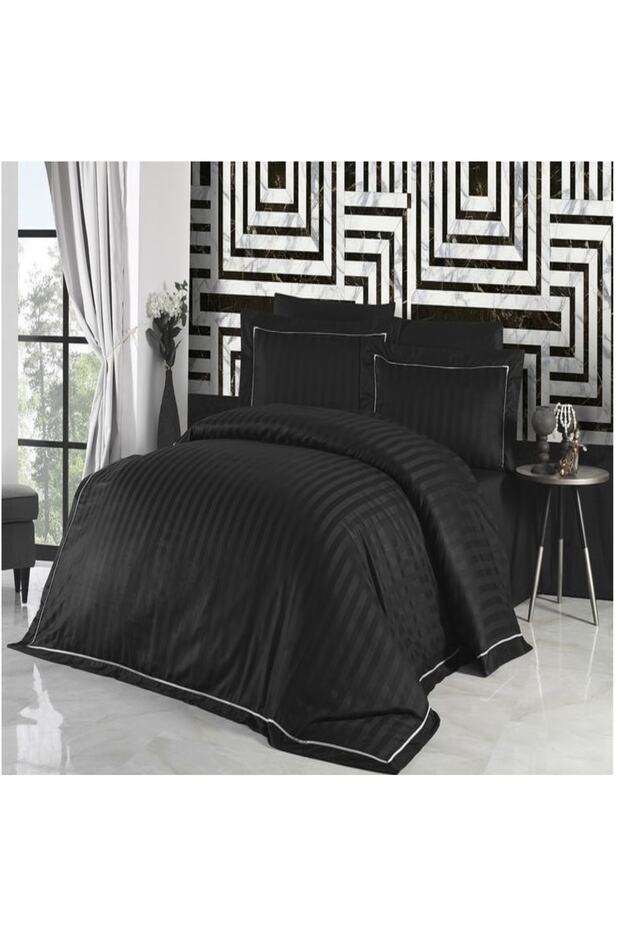 Double Cotton Satin Black Striped and Cream Striped Duvet Cover Set