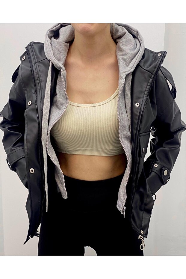 Kadın Kapüşonlu Deri Ceket - 1