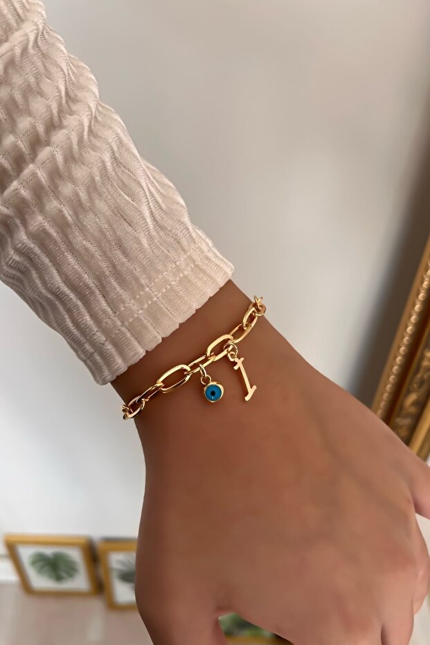 Letter I and Evil Eye Hanging Paper Clip Chain Bracelet