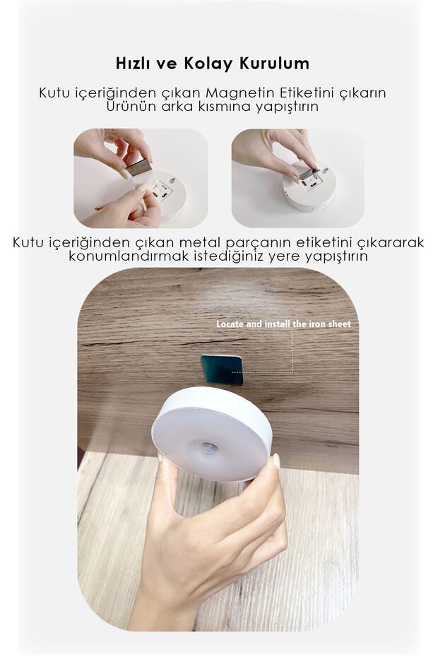 1 Adet Usb Ile Şarj Edilebilir Akıllı Hareket Sensörlü Kablosuz Spot Led Lamba Sarı Işık - 5