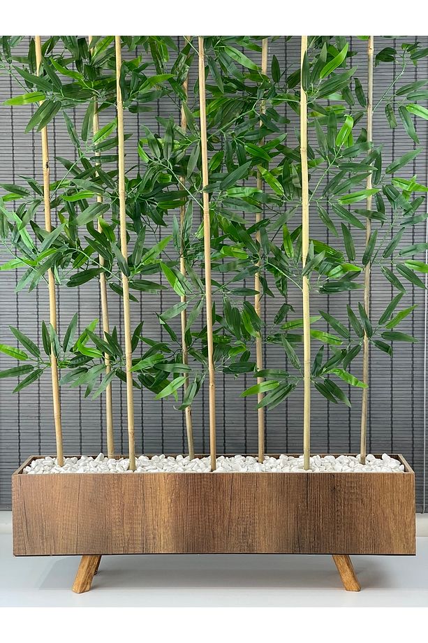 Ahşap Ayaklı 80cm Saksılı 8 Gövde 150cm Dikdörtgen Model Yapay Yapraklı Dekoratif Bambu Seperatör - 2