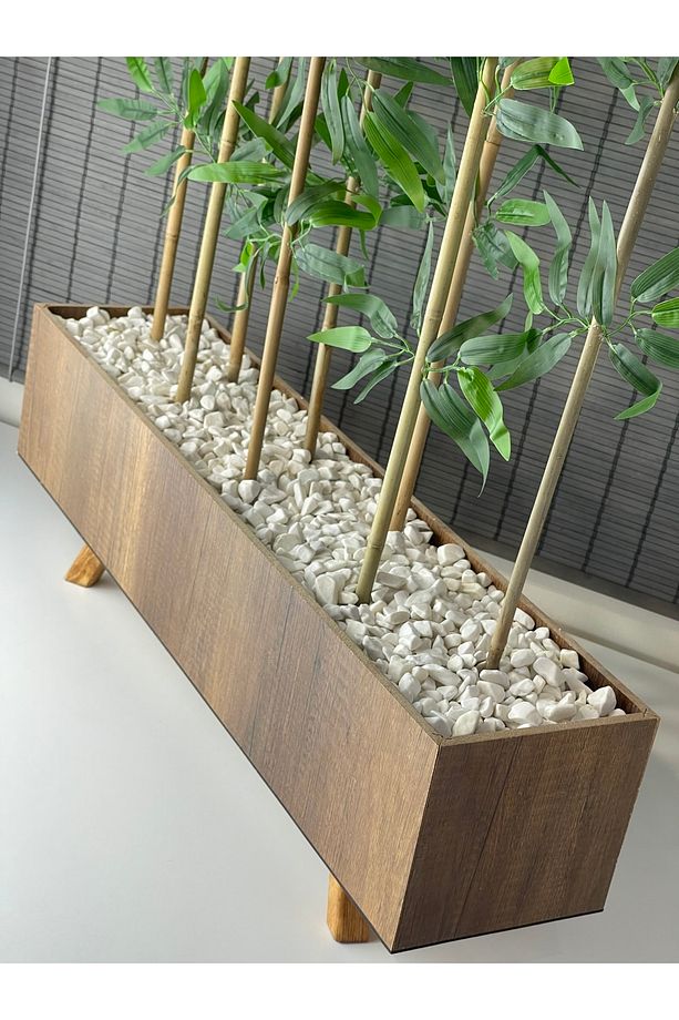 Ahşap Ayaklı 80cm Saksılı 8 Gövde 150cm Dikdörtgen Model Yapay Yapraklı Dekoratif Bambu Seperatör - 7