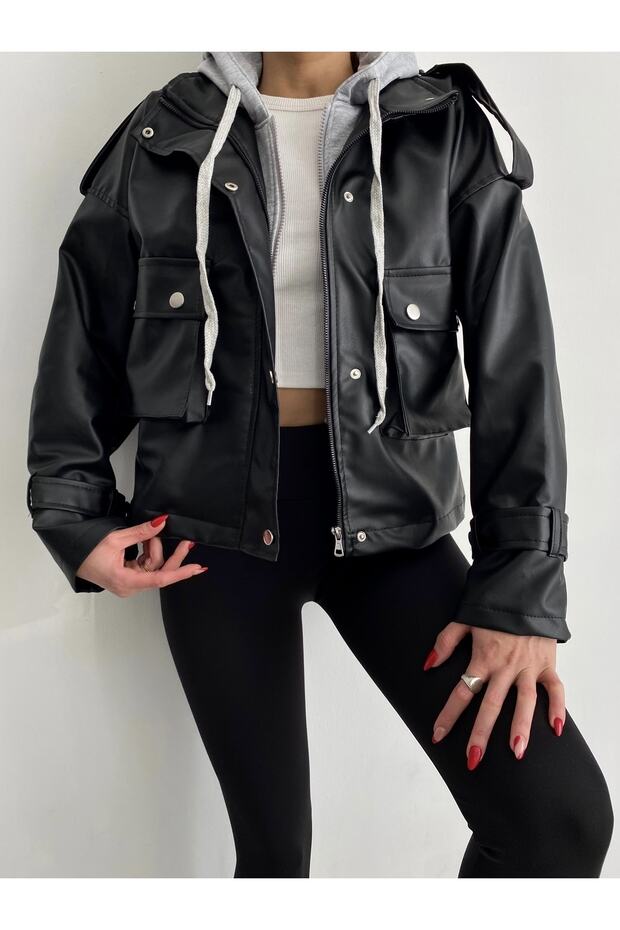 Hooded Gray Leather Jacket