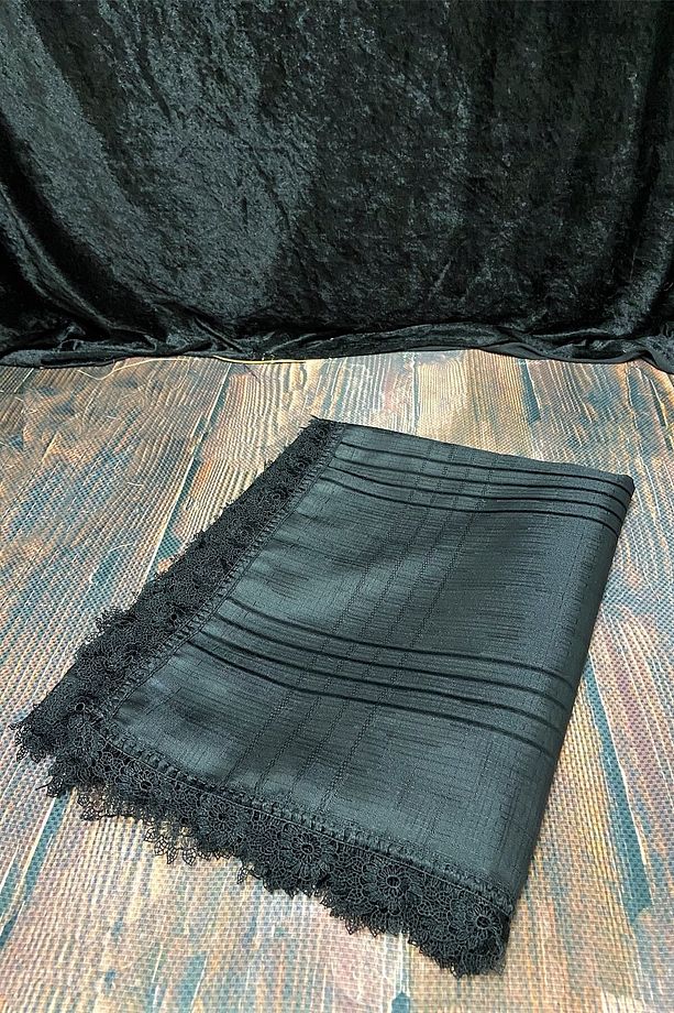 Masa Örtüsü, Dantelli Tek Masa Örtüsü, Oyalı Masa Örtüsü 160x220cm, Çizgili Masa Örtüsü Tek - Siyah - 2