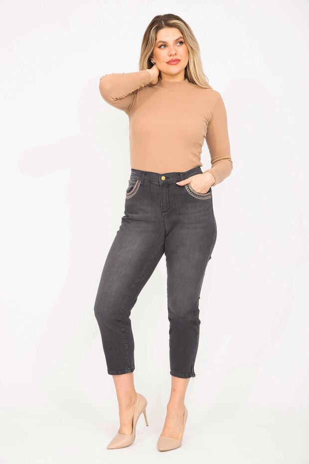 Women's Large Size Anthracite Pocket Detailed Lycra 5 Pocket Jeans 65n35270