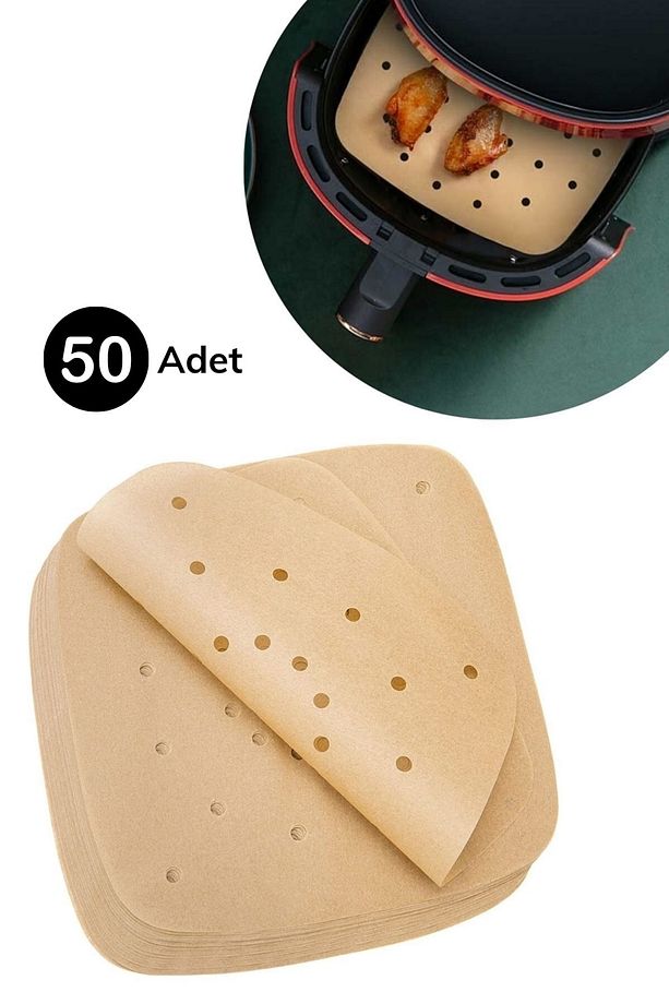 ® 50 Adet Air Fryer Pişirme Kağıdı Tek Kullanımlık Yağlı Kağıt Kare Delikli Model - 1