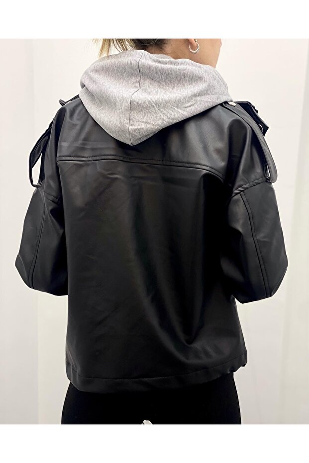 Kadın Kapüşonlu Deri Ceket - 3
