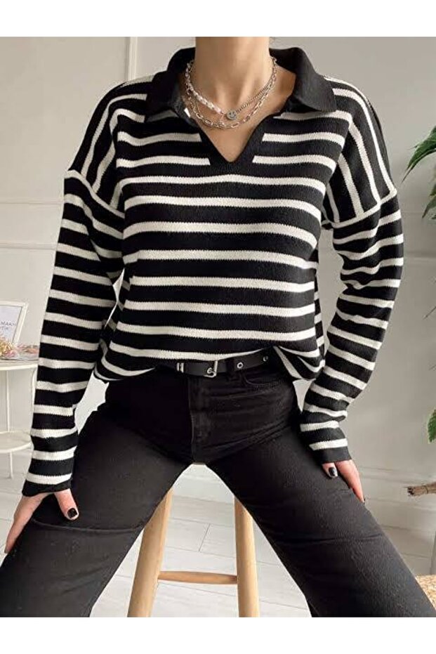 Striped Polo Collar Knit Sweater