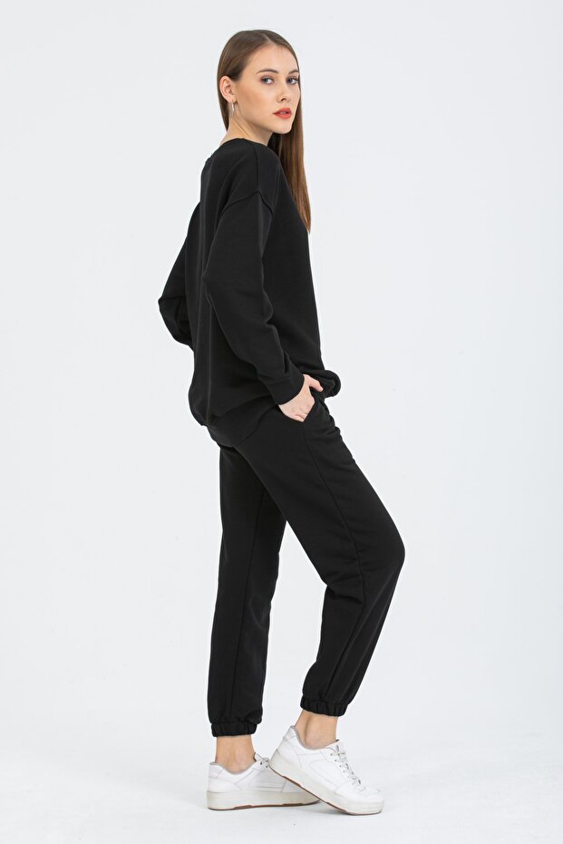 Women's Black 3 Thread Tracksuit Set - 5