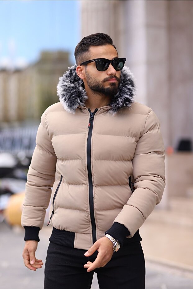 Bej Kapüşonlu Şişme Mont - 3