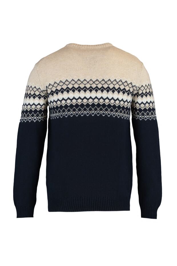 Marineblauer Slim-Fit-Wollpullover mit Rundhalsausschnitt und Jacquard-Strickpullover TMNAW21KZ0738 - 8