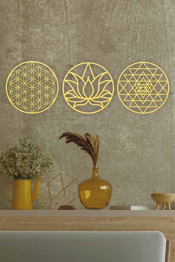 Kutsal Geometri 3'l Ü Set Sri Yantra, Lotus Çiçeği, Yaşam Çiçeği Duvar Dekoru, Tablo - 1