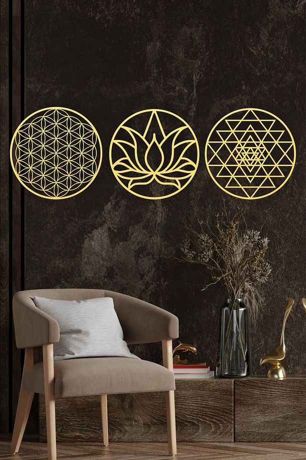 Kutsal Geometri 3'l Ü Set Sri Yantra, Lotus Çiçeği, Yaşam Çiçeği Duvar Dekoru, Tablo - 4