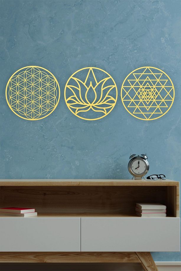 Kutsal Geometri 3'l Ü Set Sri Yantra, Lotus Çiçeği, Yaşam Çiçeği Duvar Dekoru, Tablo - 6