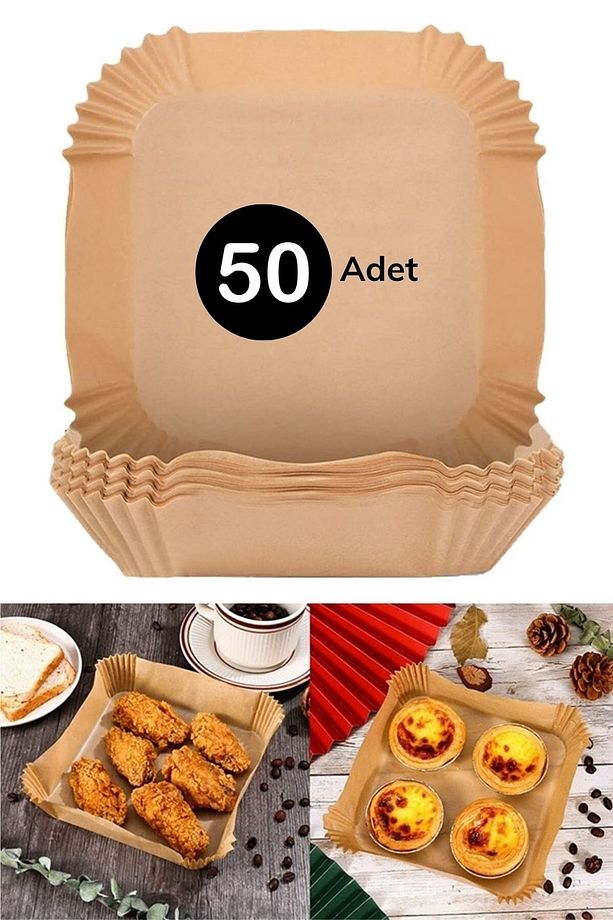 50 Adet Kutulu Air Fryer Pişirme Kağıdı Tek Kullanımlık Hava Fritöz Yağ Geçirmez Kare Tabak Model - 1