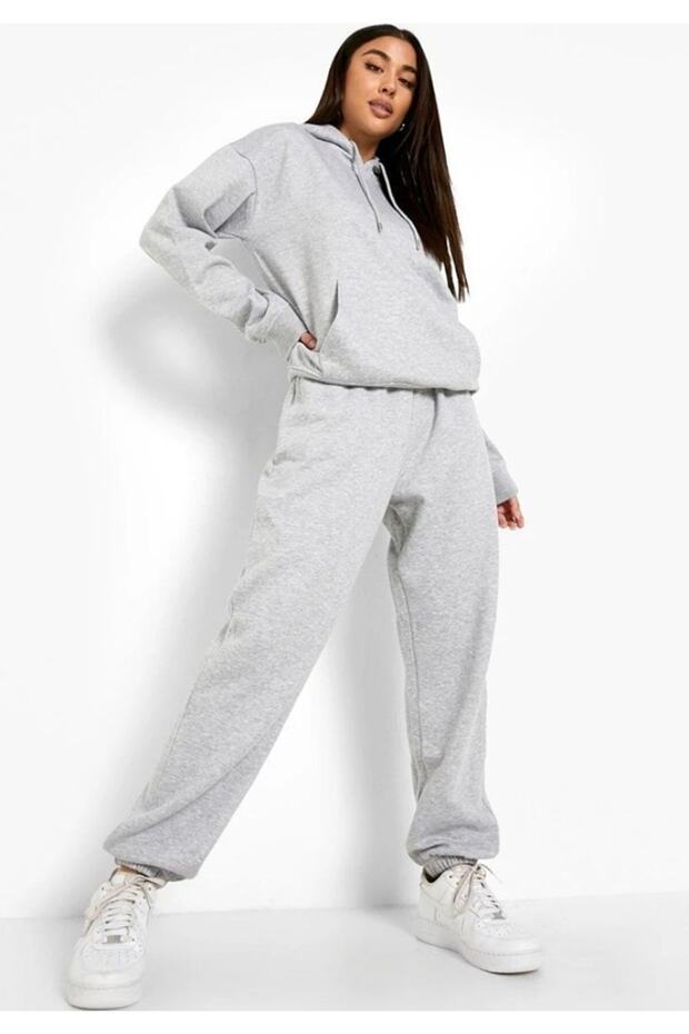 Kadın Oversize Gri Kapşonlu Baskısız Eşofman Takımı - 3