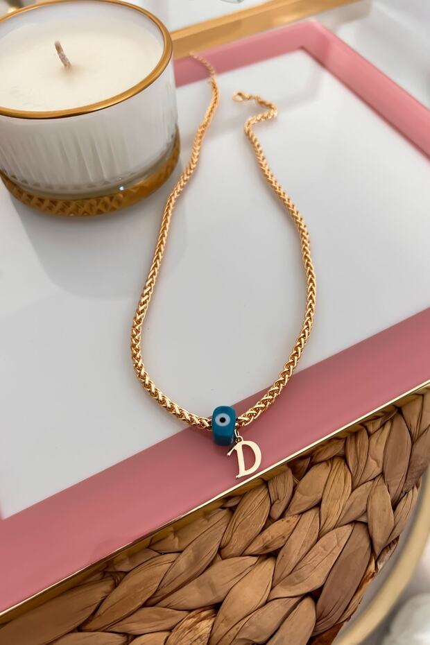 Knitted Chain Necklace with Letter D and Evil Eye Hanging